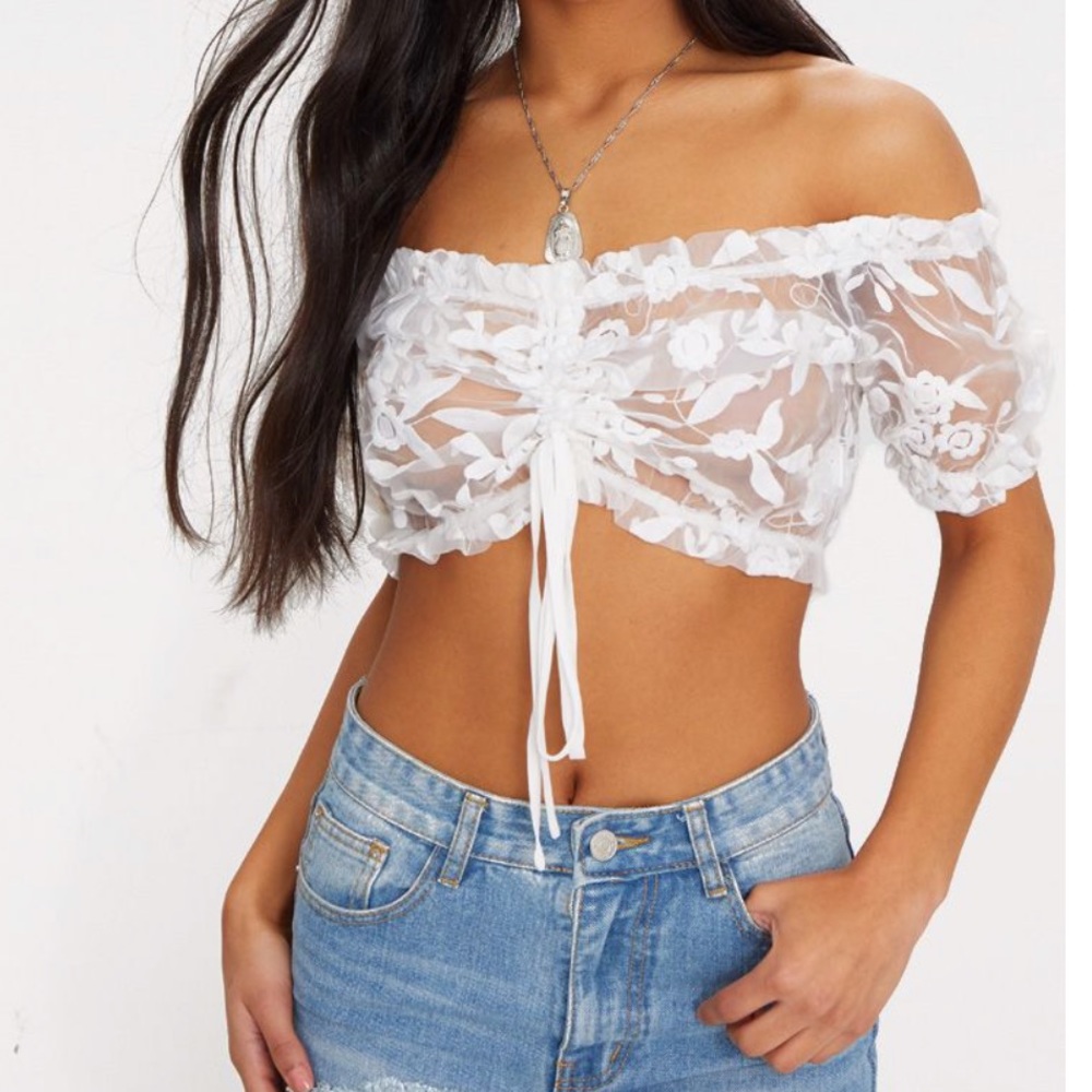 White and sheer floral lace Bardot crop top